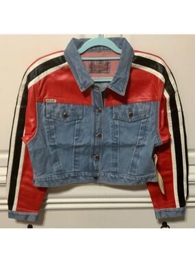 Revolt jean jacket denim and faux red leather women’s NWT  size S